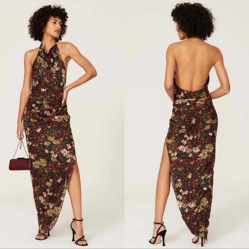 Amanda Uprichard Elektra Backless Gathered Side Slit Gown S Halter Maxi Floral